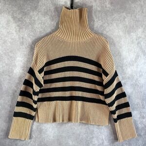 Quince Turtleneck Sweater Womens Small Camel Black Striped Organic Cotton Split